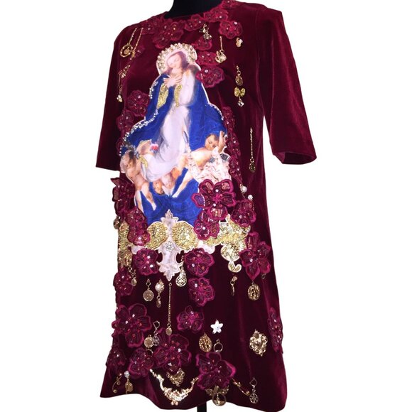 Luxury Designer Runway Embroidery Velvet Beaded Baroque Burgundy Red Gold Dress - Picture 5 of 16